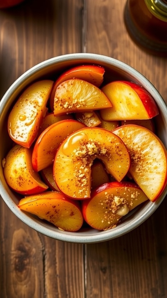 Crispy Air Fryer Apples Recipe Crispy air fryer apples seasoned with cinnamon and honey in a rustic bowl.